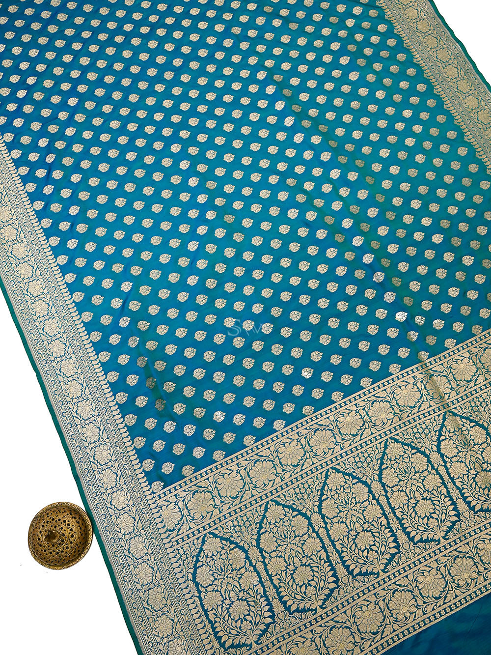 Green Blue Floral Booti Uppada Katan Silk Handloom Banarasi Saree - Sacred Weaves