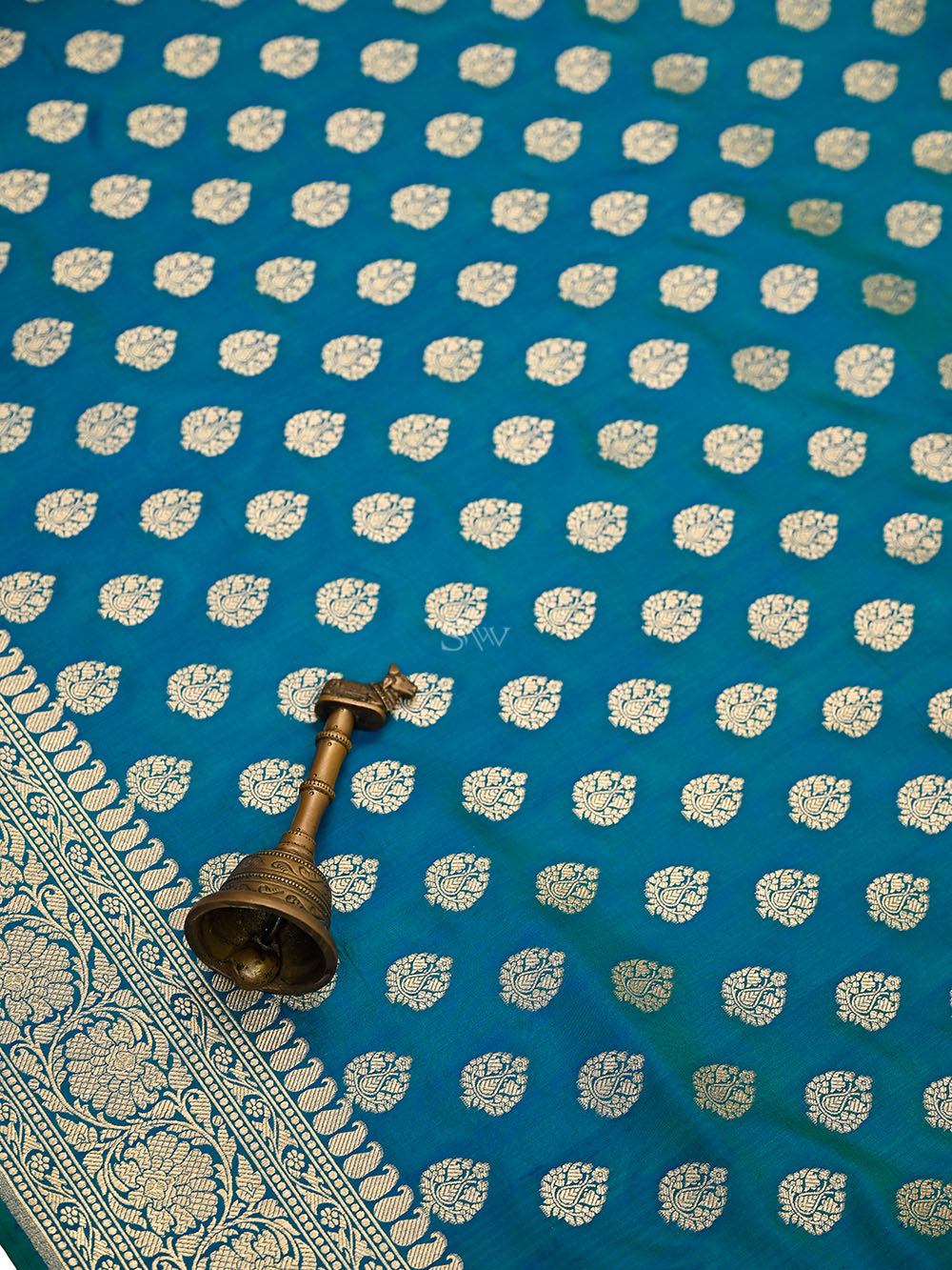 Green Blue Floral Booti Uppada Katan Silk Handloom Banarasi Saree - Sacred Weaves