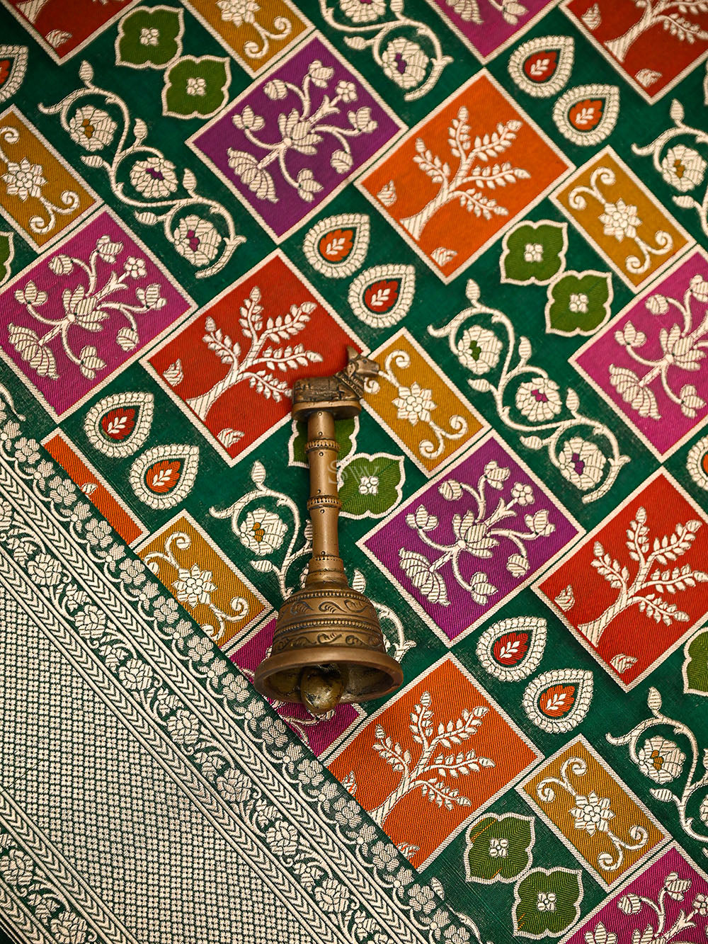 Bottle Green Rangkat Jaal Katan Silk Handloom Banarasi Saree - Sacred Weaves