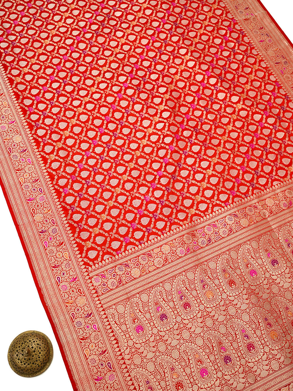 Red Sona Roopa Meenakari Jaal Katan Silk Handloom Banarasi Saree - Sacred Weaves
