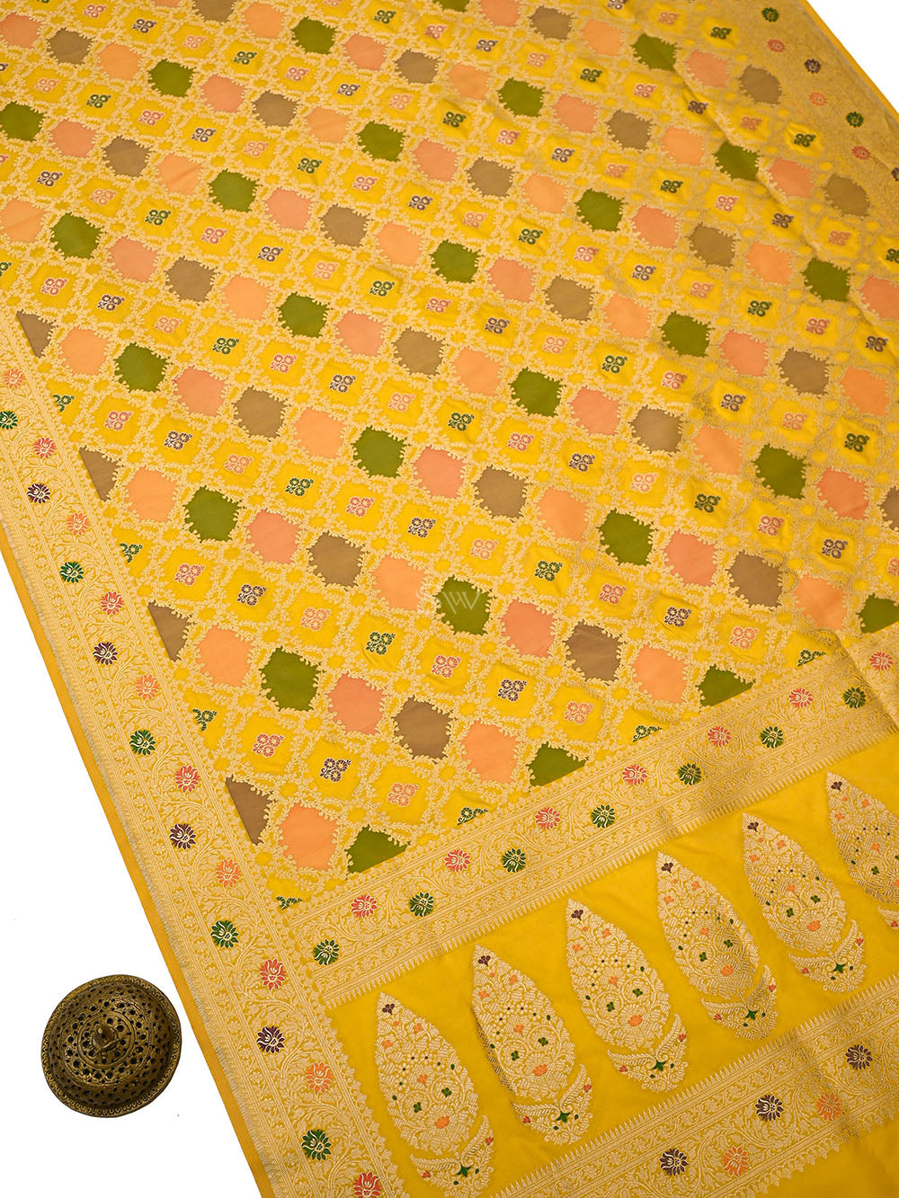 Yellow Rangkat Jaal Katan Silk Handloom Banarasi Saree - Sacred Weaves