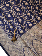 Navy Blue Uppada Zari Jaal Katan Silk Handloom Banarasi Saree - Sacred Weaves