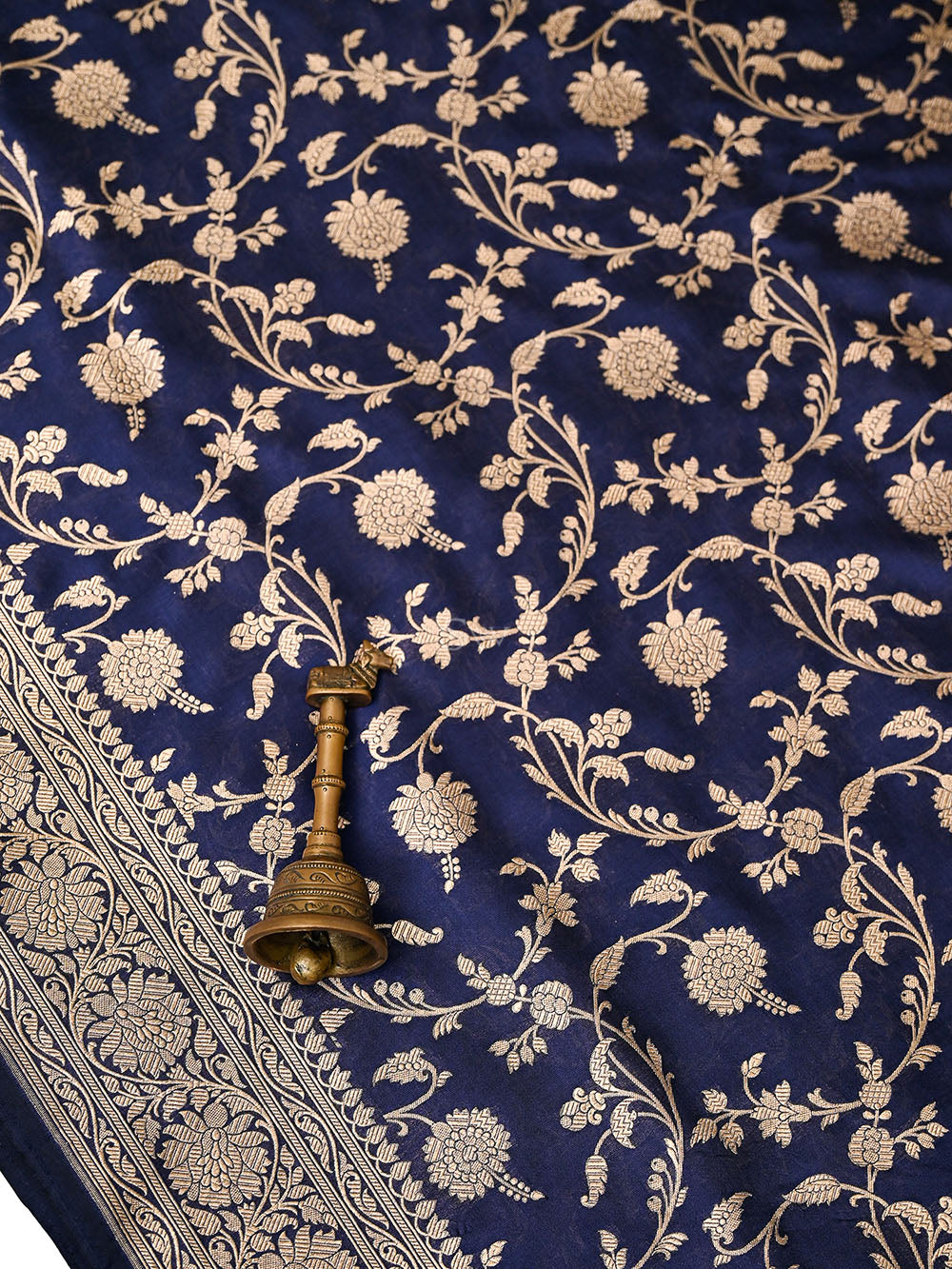 Navy Blue Uppada Zari Jaal Katan Silk Handloom Banarasi Saree - Sacred Weaves