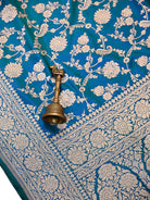 Peacock Blue Uppada Zari Jaal Katan Silk Handloom Banarasi Saree - Sacred Weaves