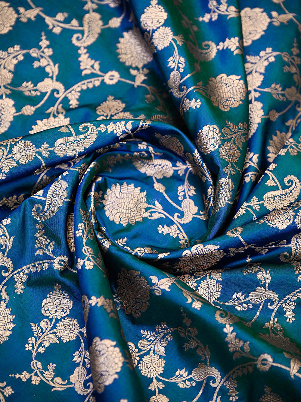 Peacock Blue Uppada Zari Jaal Katan Silk Handloom Banarasi Saree - Sacred Weaves