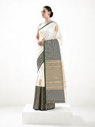 White Green Booti Satin Silk Handloom Banarasi Saree - Sacred Weaves
