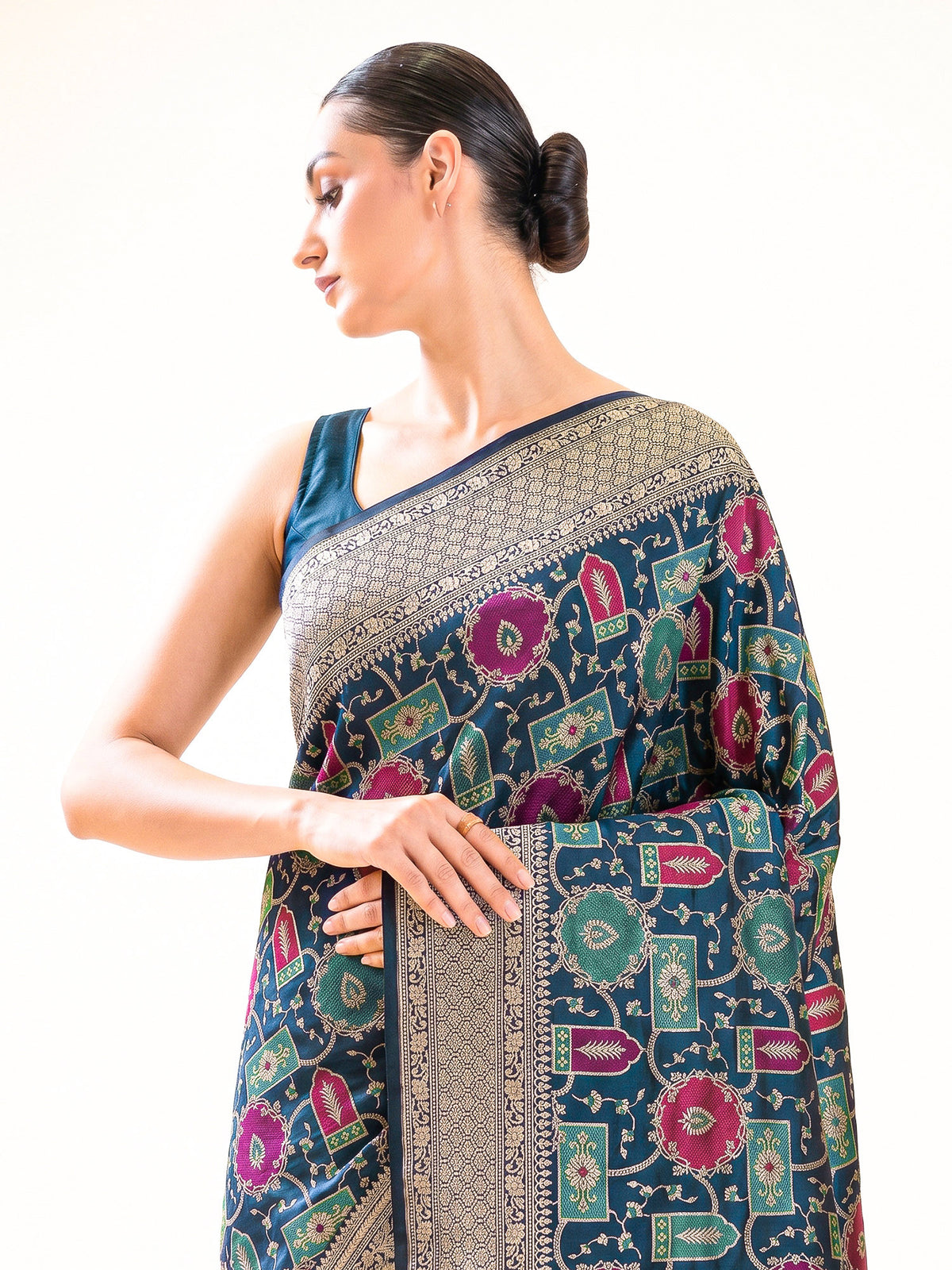 Midnight Blue Jaal Rangkat Katan Silk Handloom Banarasi Saree - Sacred Weaves