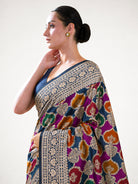Midnight Blue Rangkat Jaal Katan Silk Handloom Banarasi Saree - Sacred Weaves