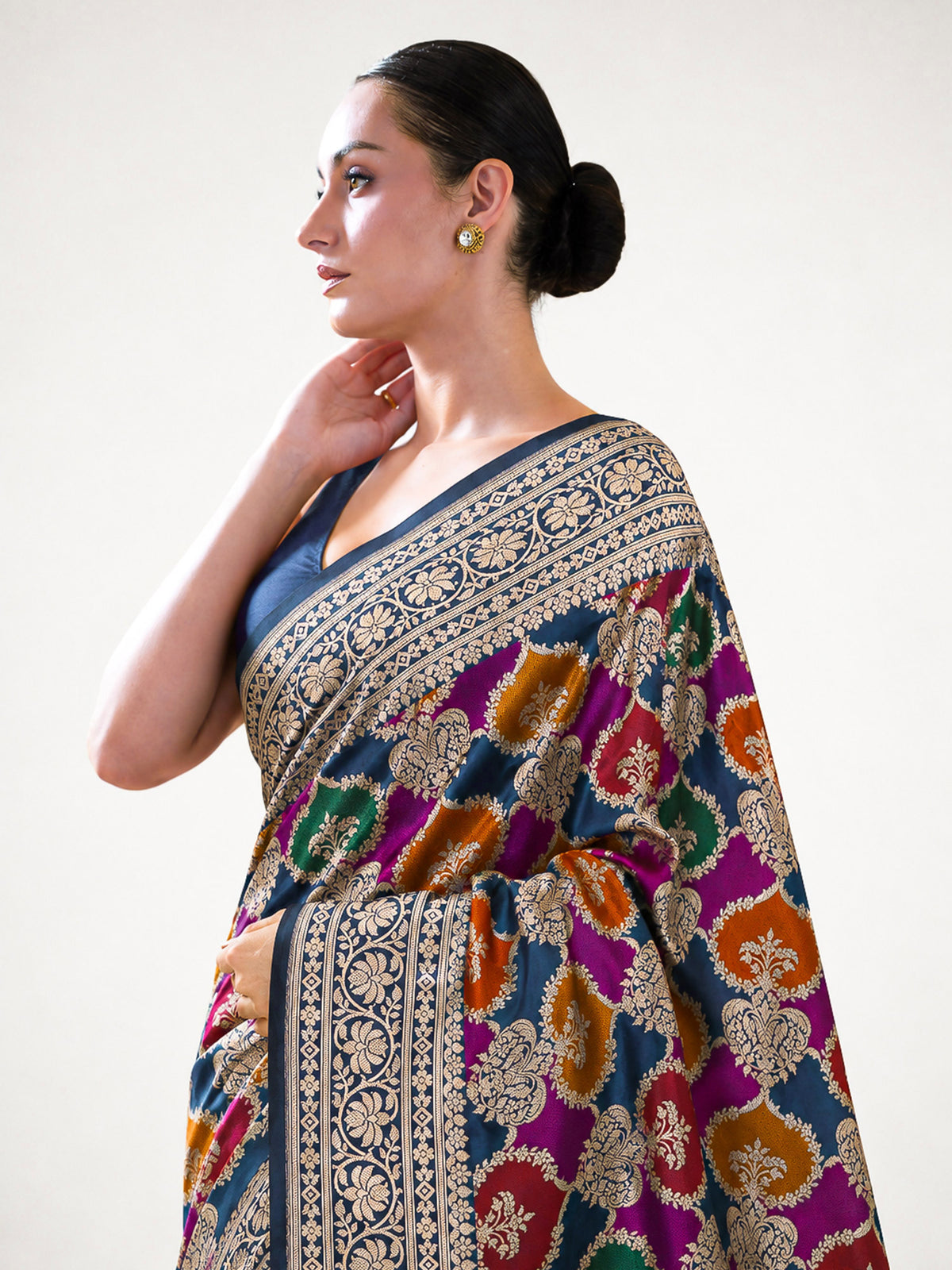 Midnight Blue Rangkat Jaal Katan Silk Handloom Banarasi Saree - Sacred Weaves