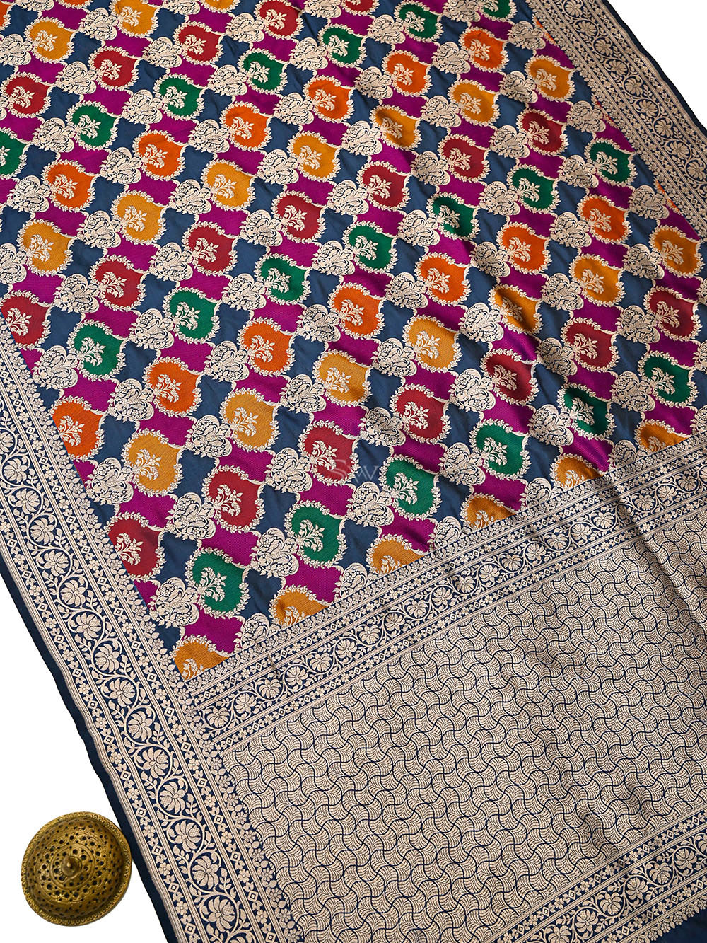 Midnight Blue Rangkat Jaal Katan Silk Handloom Banarasi Saree - Sacred Weaves