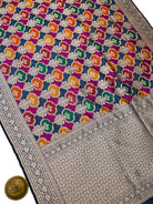 Midnight Blue Rangkat Jaal Katan Silk Handloom Banarasi Saree - Sacred Weaves