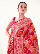 Dark Pink Orange Rangkat Jaal Katan Silk Handloom Banarasi Saree - Sacred Weaves