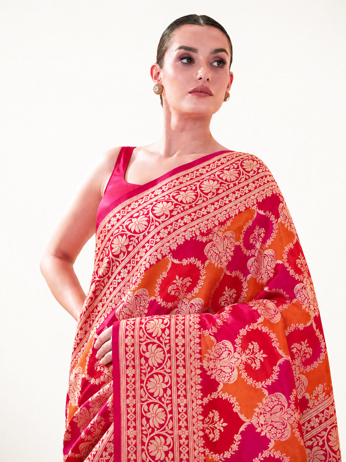 Dark Pink Orange Rangkat Jaal Katan Silk Handloom Banarasi Saree - Sacred Weaves