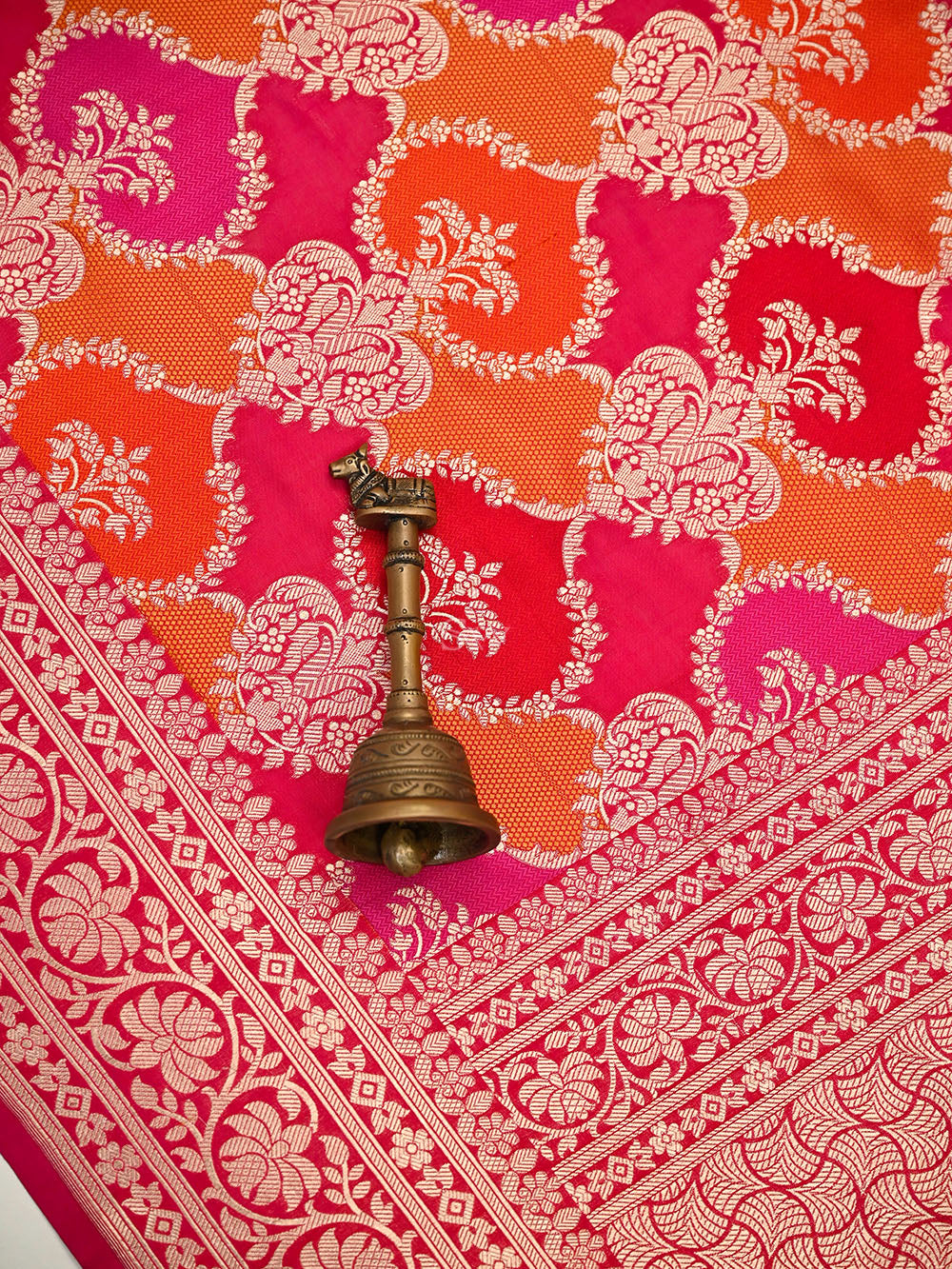 Dark Pink Orange Rangkat Jaal Katan Silk Handloom Banarasi Saree - Sacred Weaves