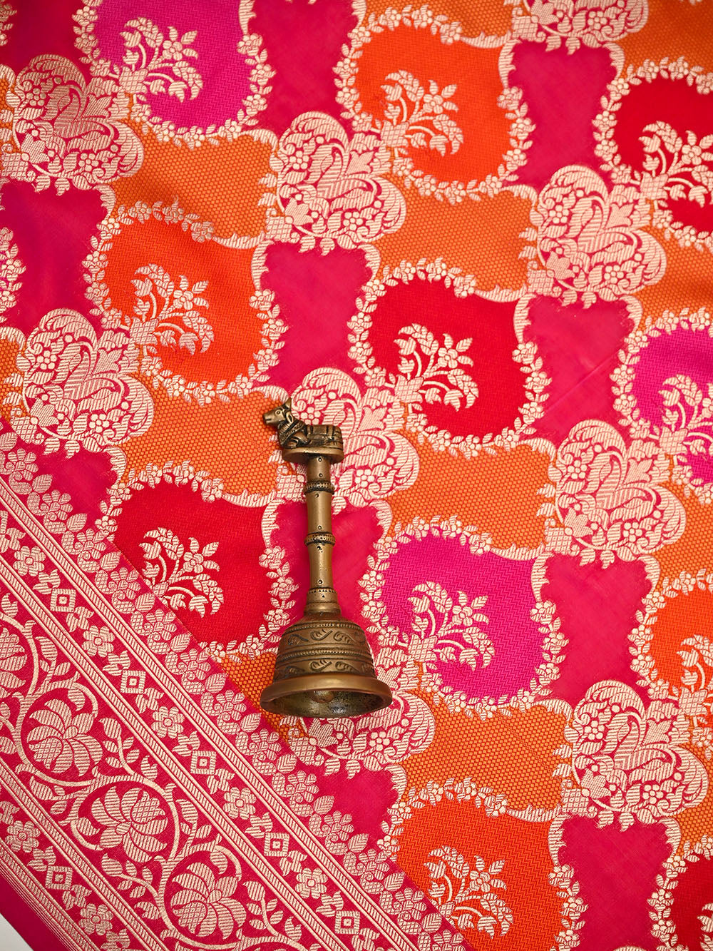 Dark Pink Orange Rangkat Jaal Katan Silk Handloom Banarasi Saree - Sacred Weaves