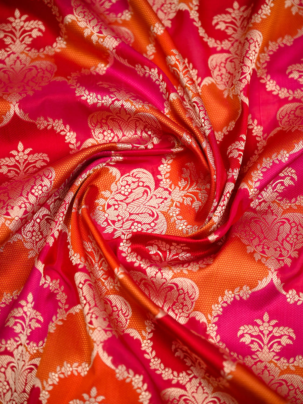 Dark Pink Orange Rangkat Jaal Katan Silk Handloom Banarasi Saree - Sacred Weaves