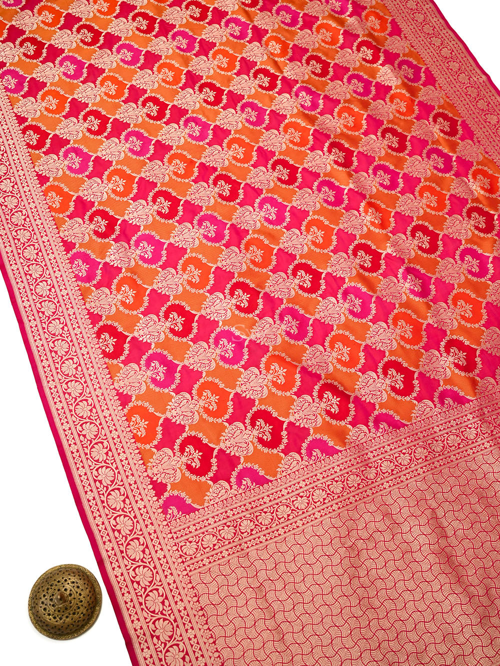 Dark Pink Orange Rangkat Jaal Katan Silk Handloom Banarasi Saree - Sacred Weaves