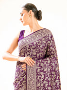 Purple Shikargah Brocade Katan Silk Handloom Banarasi Saree - Sacred Weaves