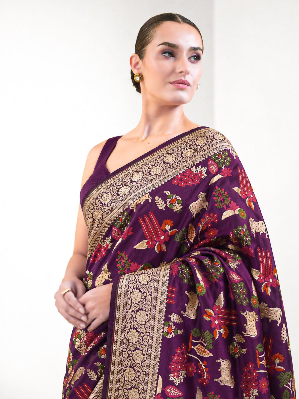 Wine Pichwai Meenakari Katan Silk Handloom Banarasi Saree - Sacred Weaves