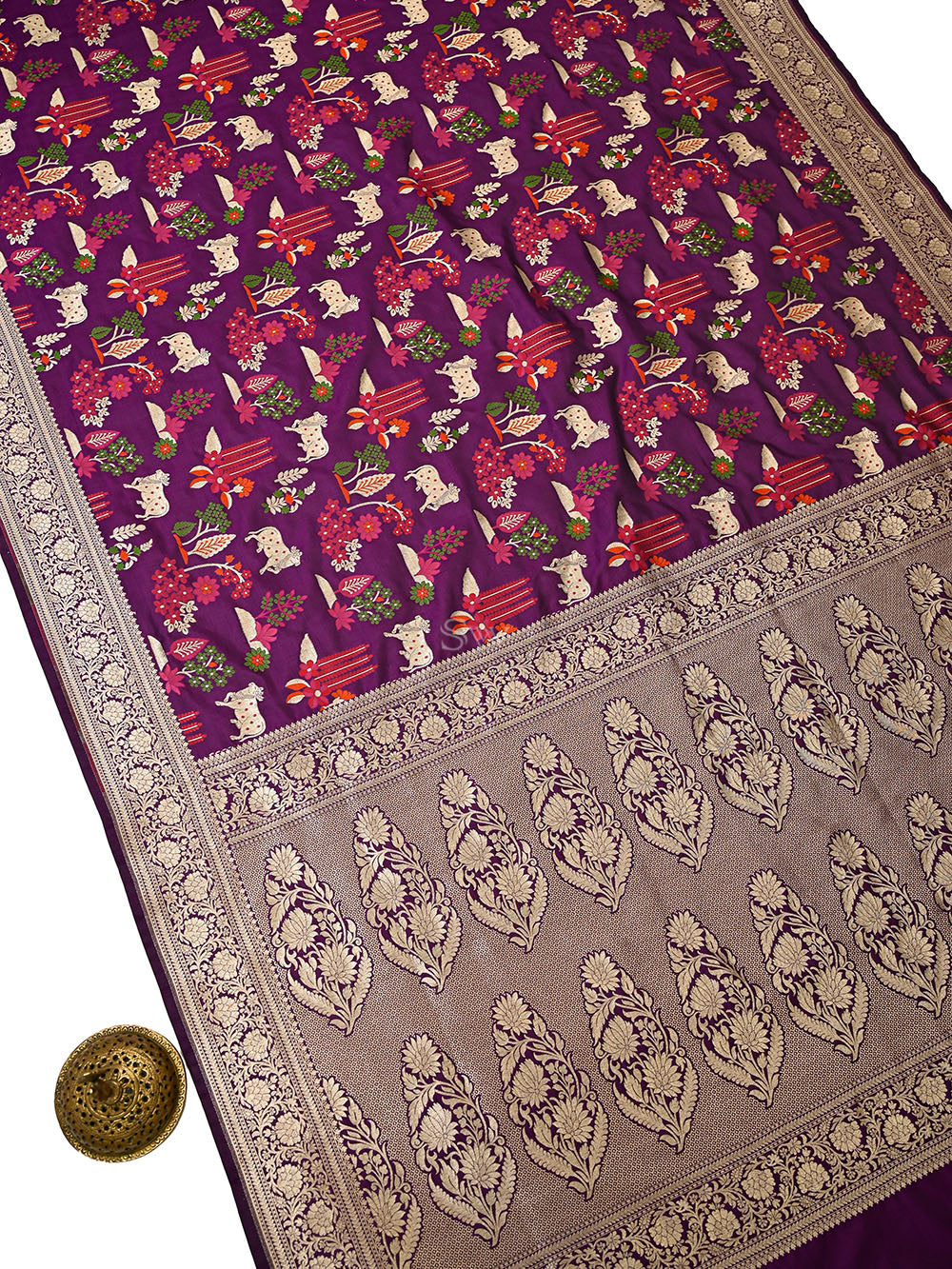 Wine Pichwai Meenakari Katan Silk Handloom Banarasi Saree - Sacred Weaves