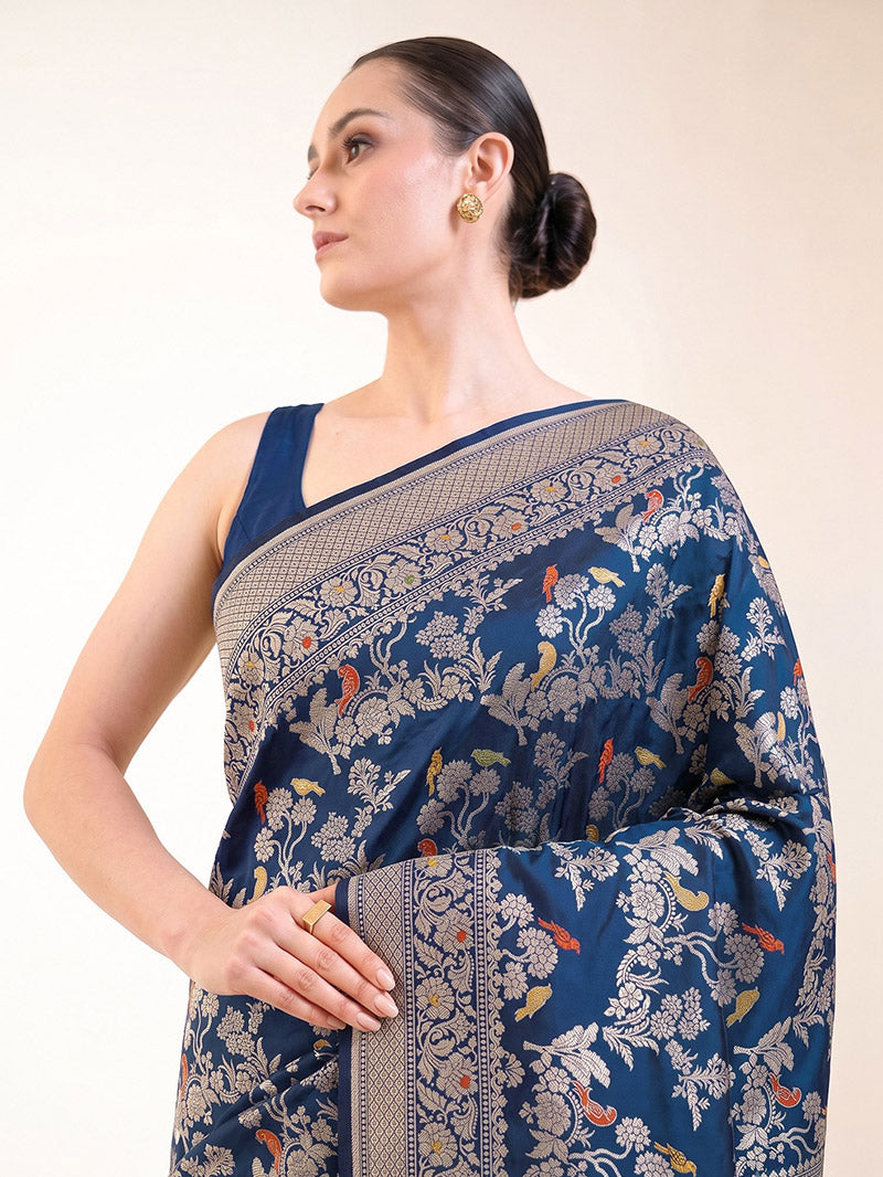 Midnight Blue Shikargah Meenakari Katan Silk Handloom Banarasi Saree - Sacred Weaves