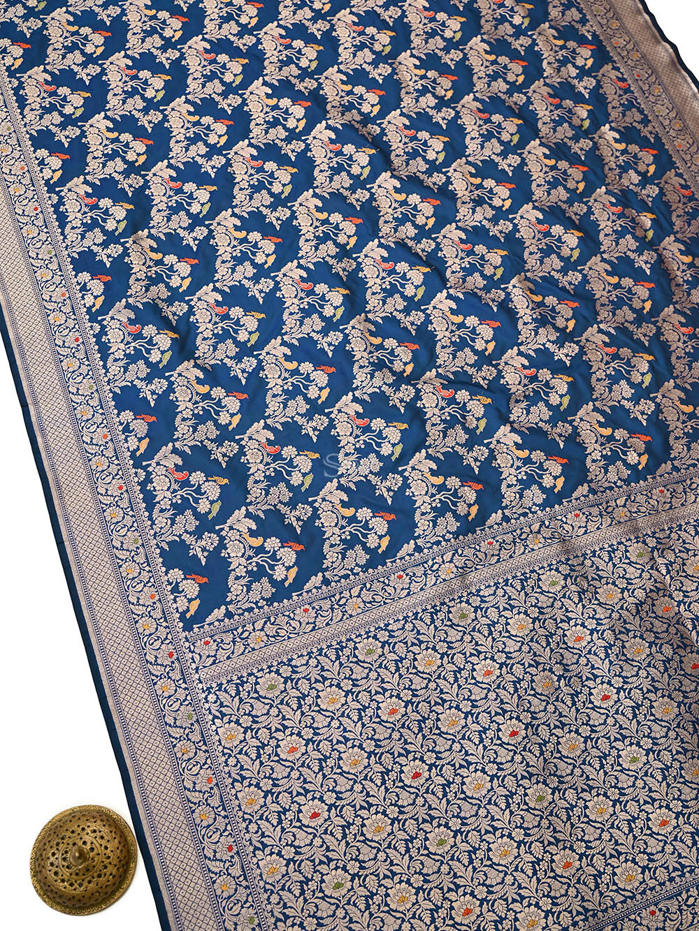 Midnight Blue Shikargah Meenakari Katan Silk Handloom Banarasi Saree - Sacred Weaves