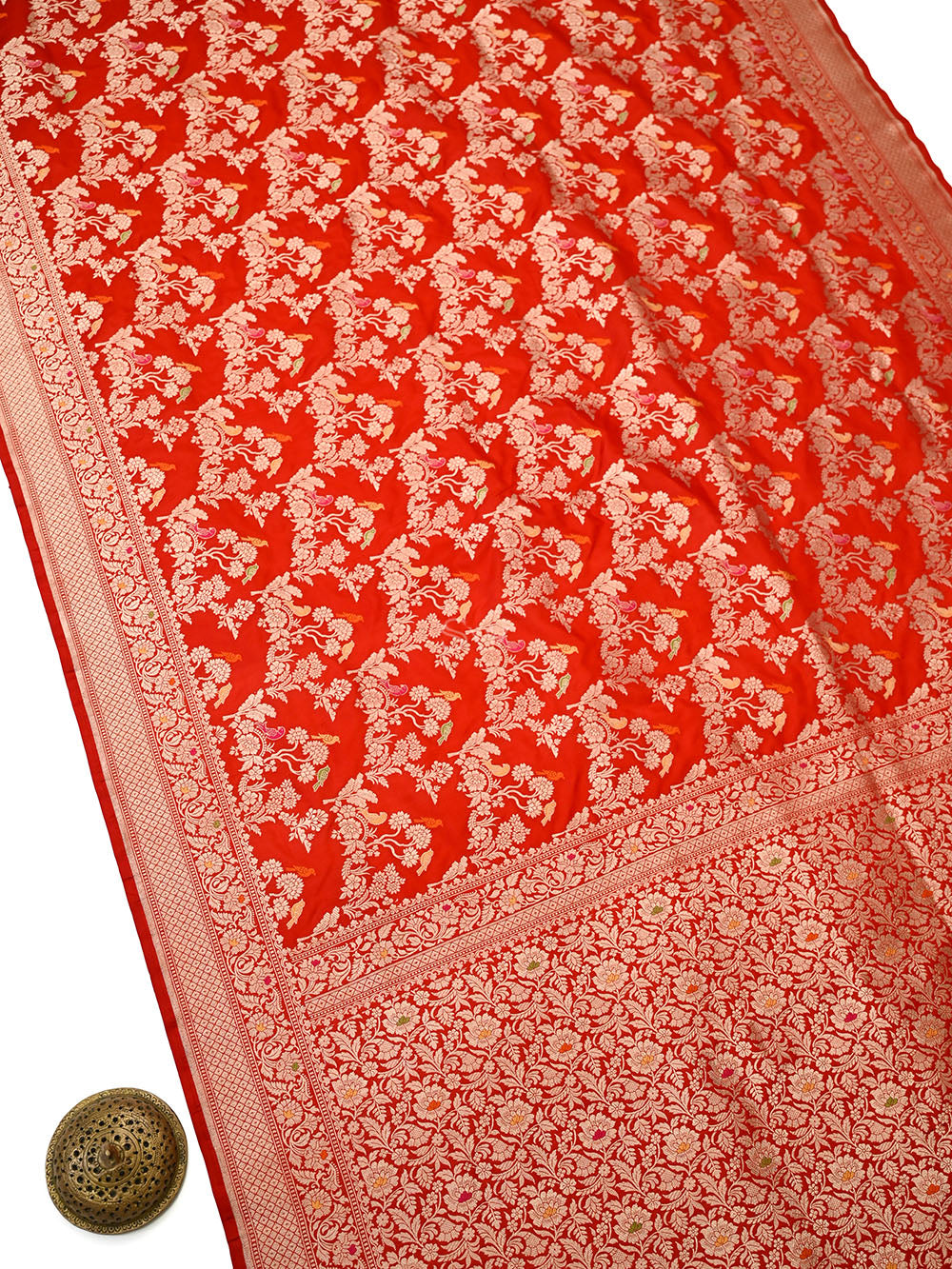 Red Shikargah Meenakari Katan Silk Handloom Banarasi Saree - Sacred Weaves