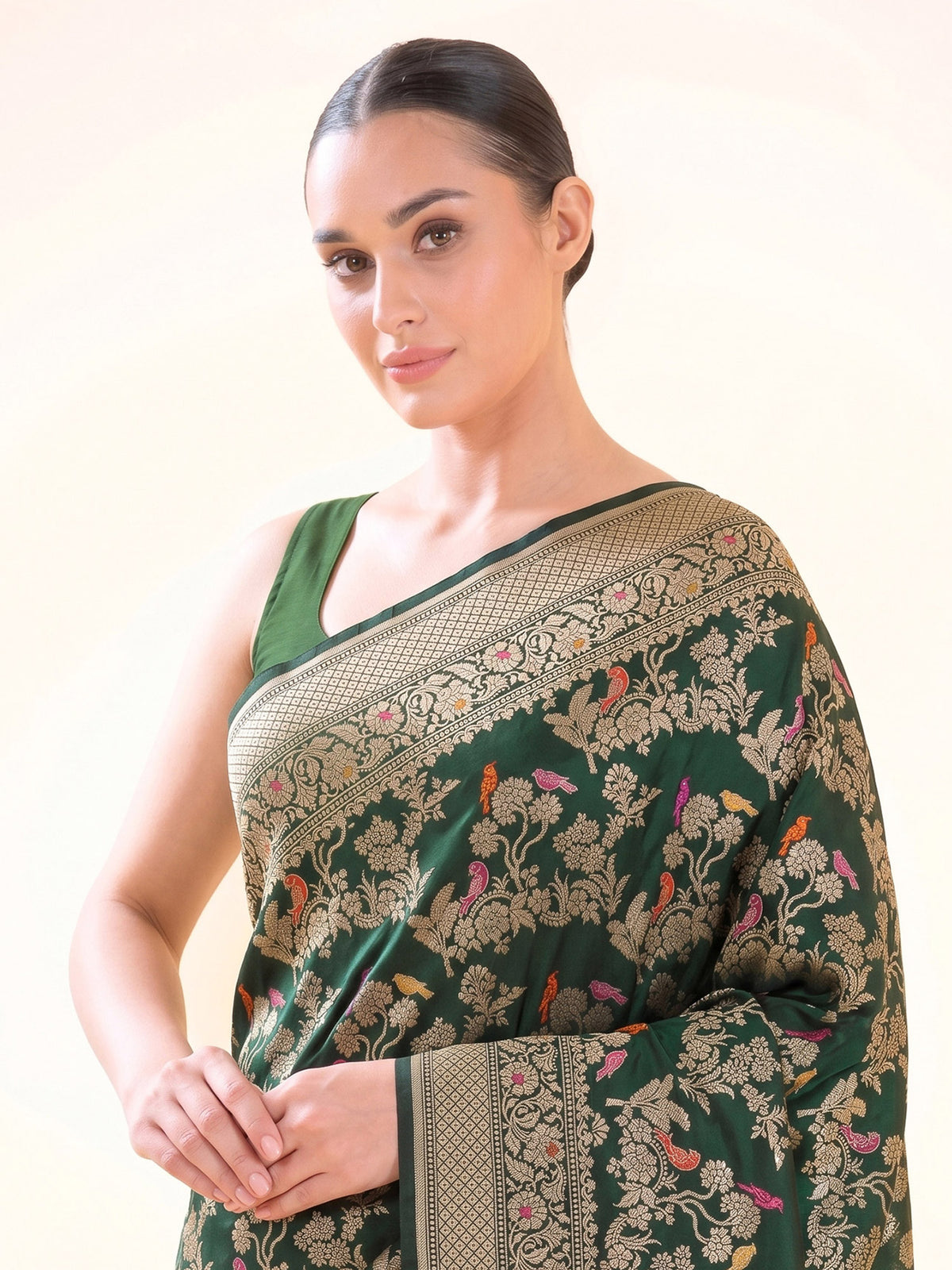Bottle Green Shikargah Meenakari Katan Silk Handloom Banarasi Saree - Sacred Weaves