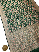 Bottle Green Shikargah Meenakari Katan Silk Handloom Banarasi Saree - Sacred Weaves