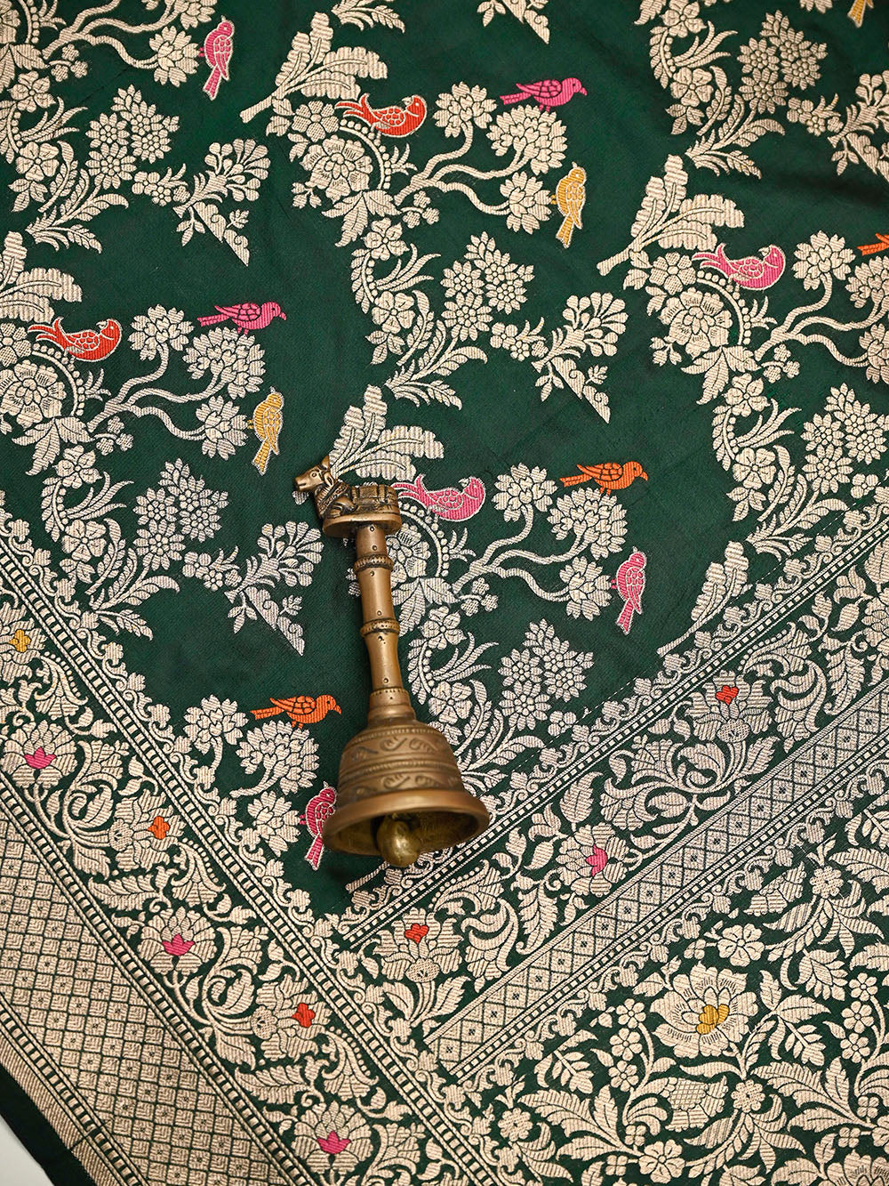Bottle Green Shikargah Meenakari Katan Silk Handloom Banarasi Saree - Sacred Weaves