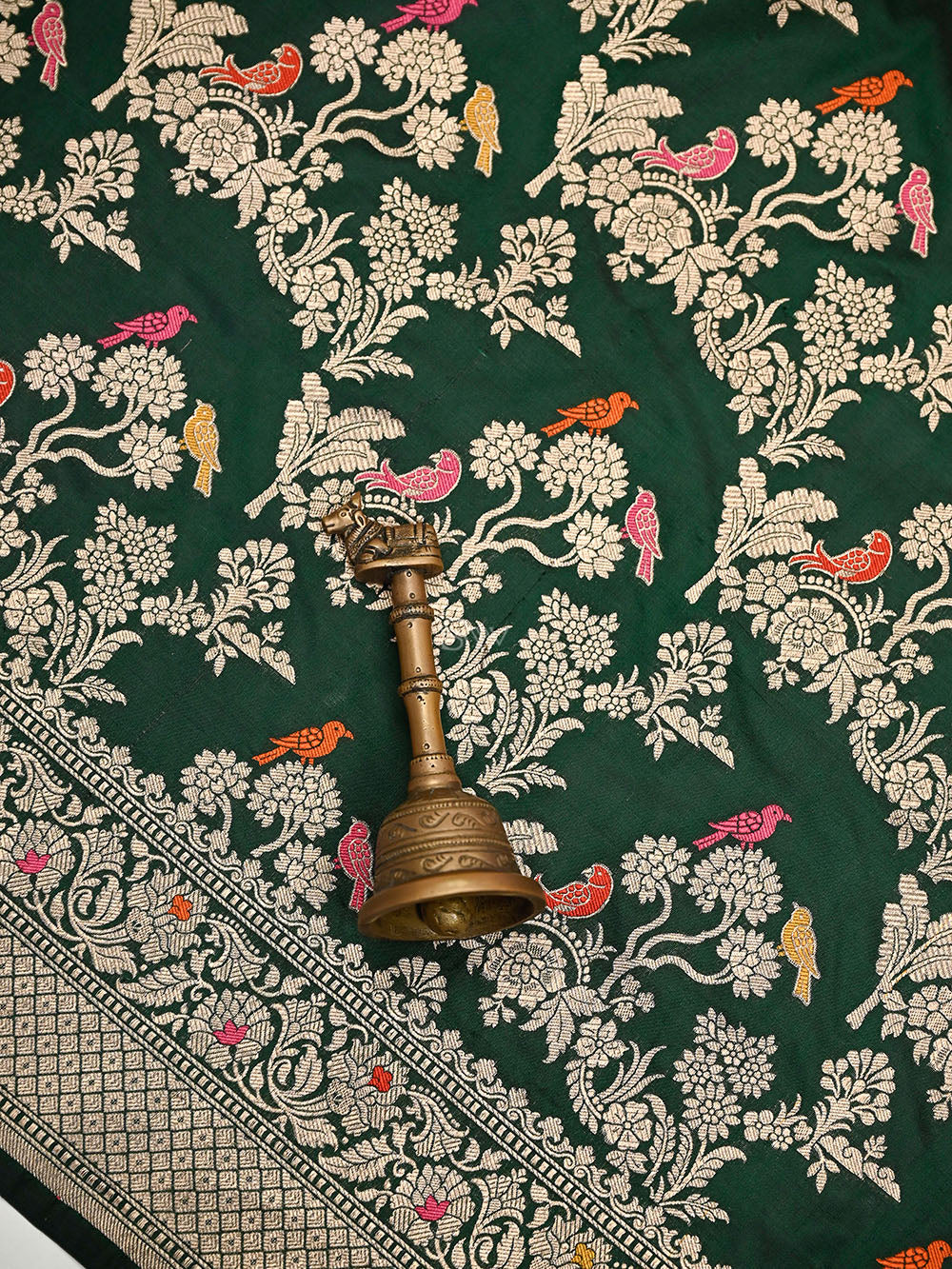 Bottle Green Shikargah Meenakari Katan Silk Handloom Banarasi Saree - Sacred Weaves
