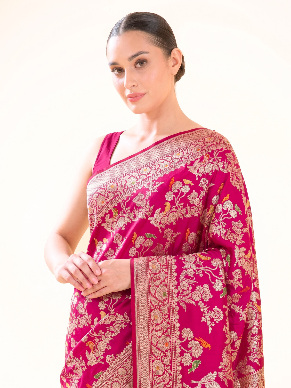 Pink Red Shikargah Meenakari Katan Silk Handloom Banarasi Saree - Sacred Weaves