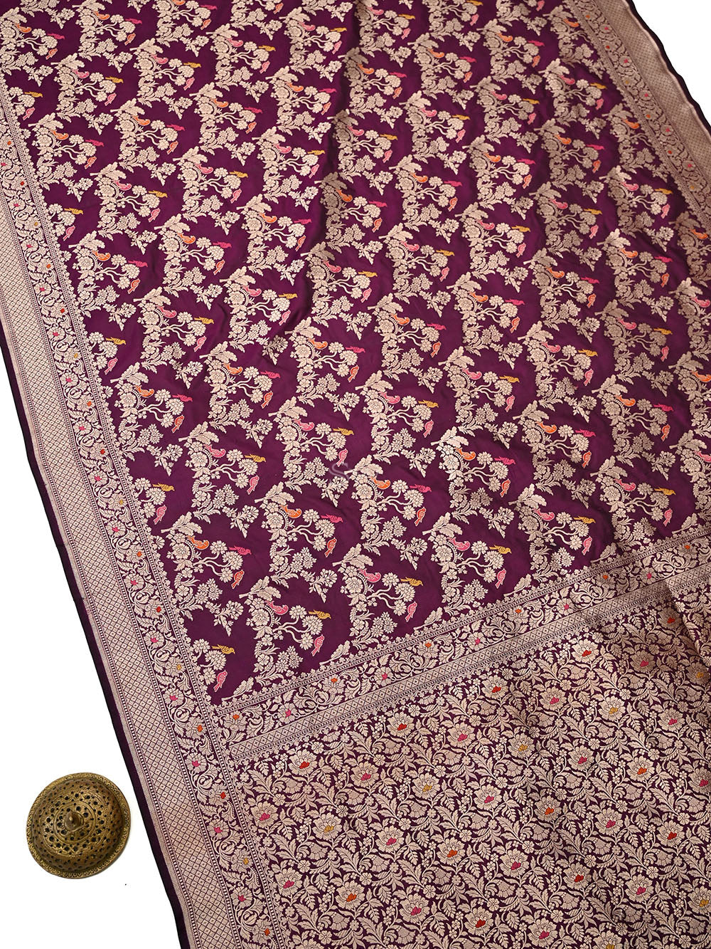 Wine Shikargah Meenakari Katan Silk Handloom Banarasi Saree - Sacred Weaves
