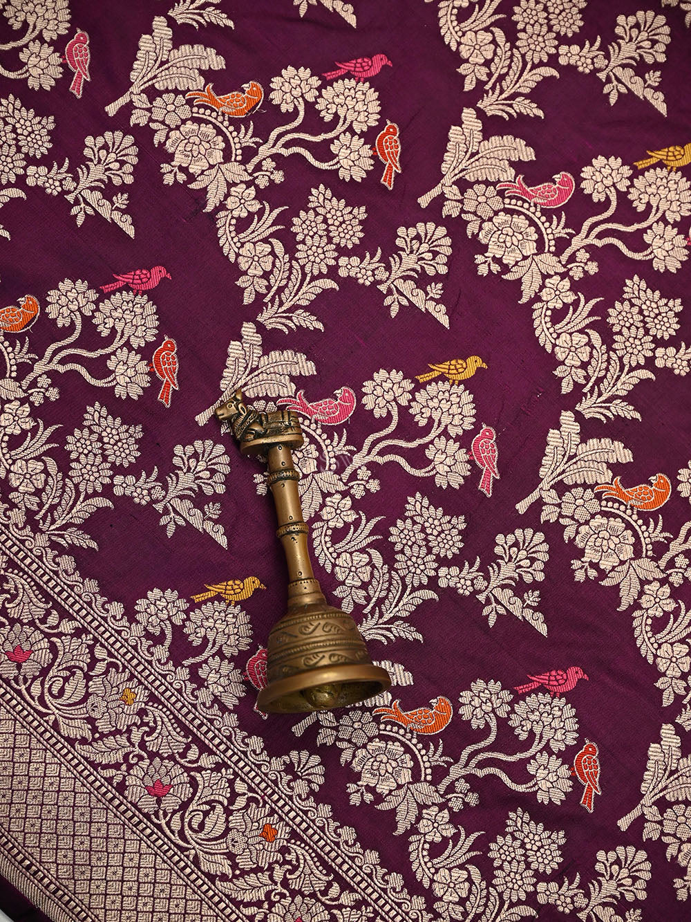 Wine Shikargah Meenakari Katan Silk Handloom Banarasi Saree - Sacred Weaves