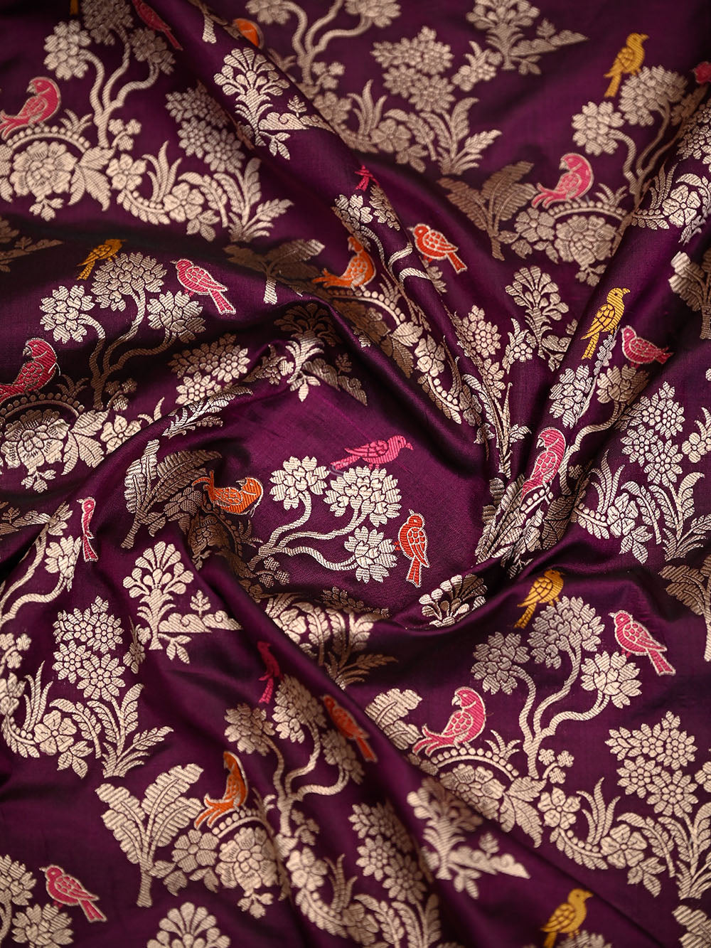 Wine Shikargah Meenakari Katan Silk Handloom Banarasi Saree - Sacred Weaves