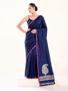 Navy Blue Plain Zari Satin Silk Handloom Banarasi Saree - Sacred Weaves
