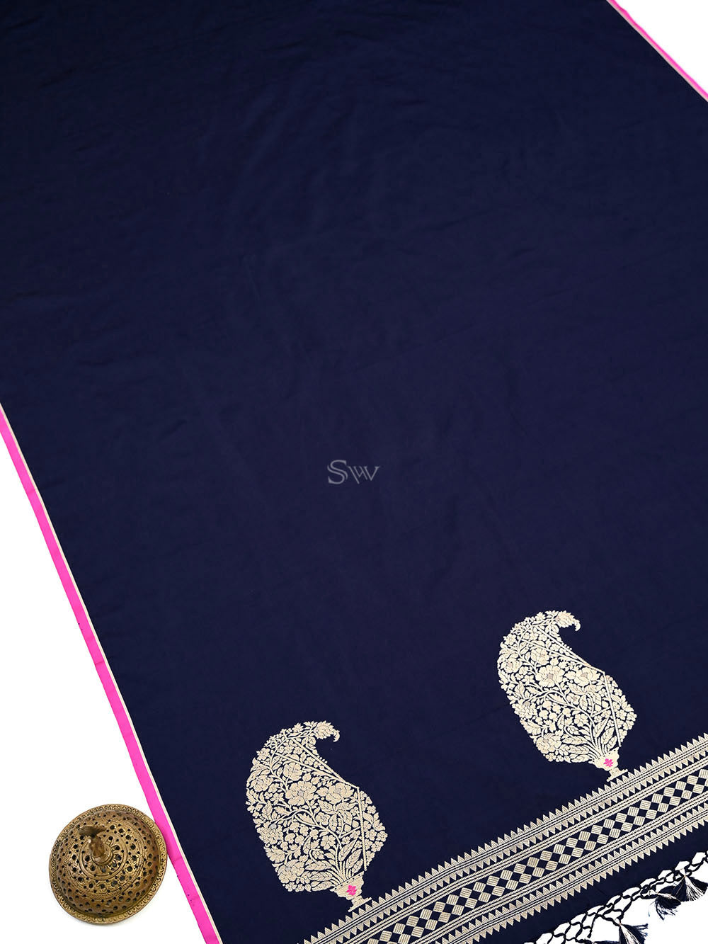 Navy Blue Plain Zari Satin Silk Handloom Banarasi Saree - Sacred Weaves
