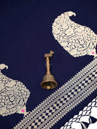 Navy Blue Plain Zari Satin Silk Handloom Banarasi Saree - Sacred Weaves