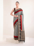 Grey Black Stripe Satin Silk Handloom Banarasi Saree - Sacred Weaves