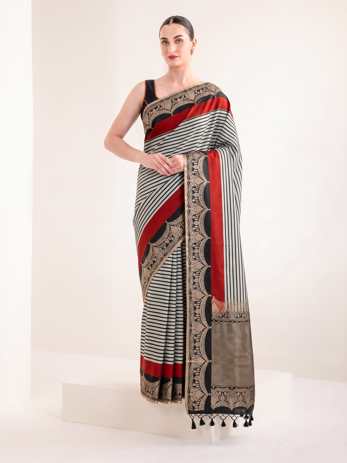 Grey Black Stripe Satin Silk Handloom Banarasi Saree - Sacred Weaves