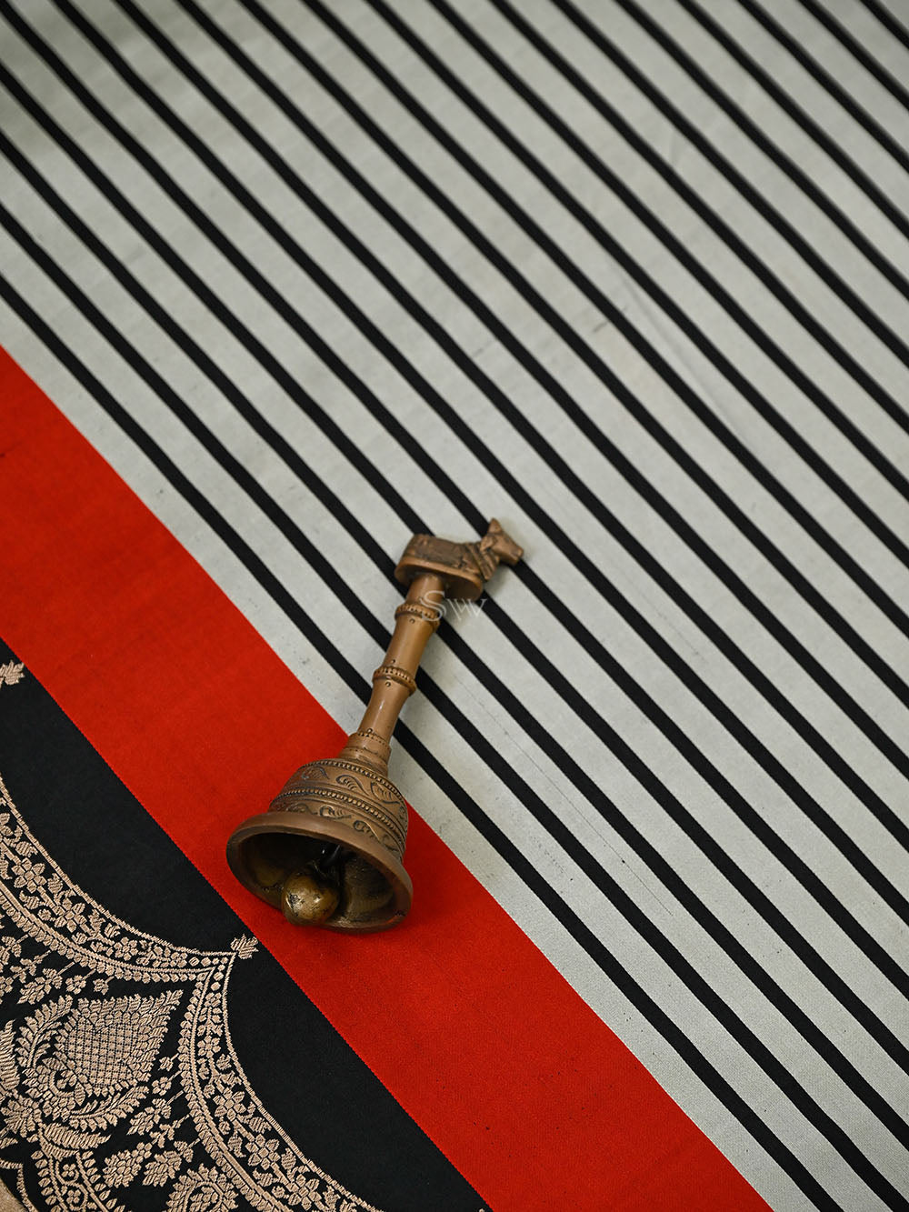 Grey Black Stripe Satin Silk Handloom Banarasi Saree - Sacred Weaves