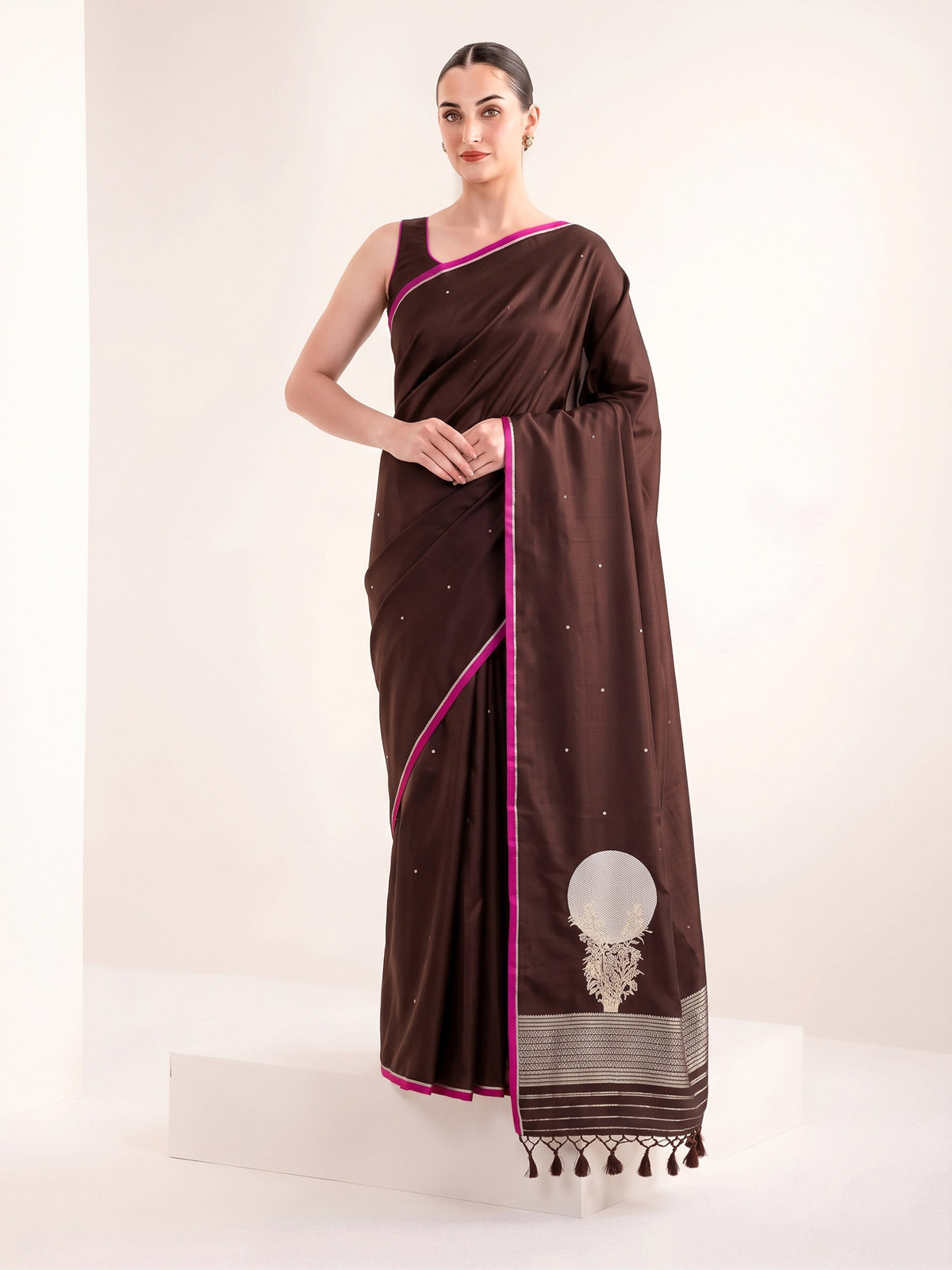Brown Sona Roopa Booti Satin Silk Handloom Banarasi Saree - Sacred Weaves