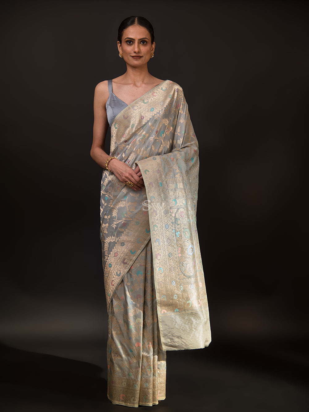 Light Grey Meenakari Katan Silk Handloom Banarasi Saree - Sacred Weaves