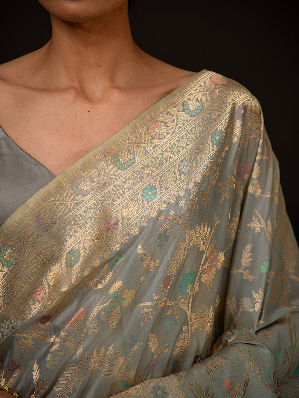 Light Grey Meenakari Katan Silk Handloom Banarasi Saree - Sacred Weaves