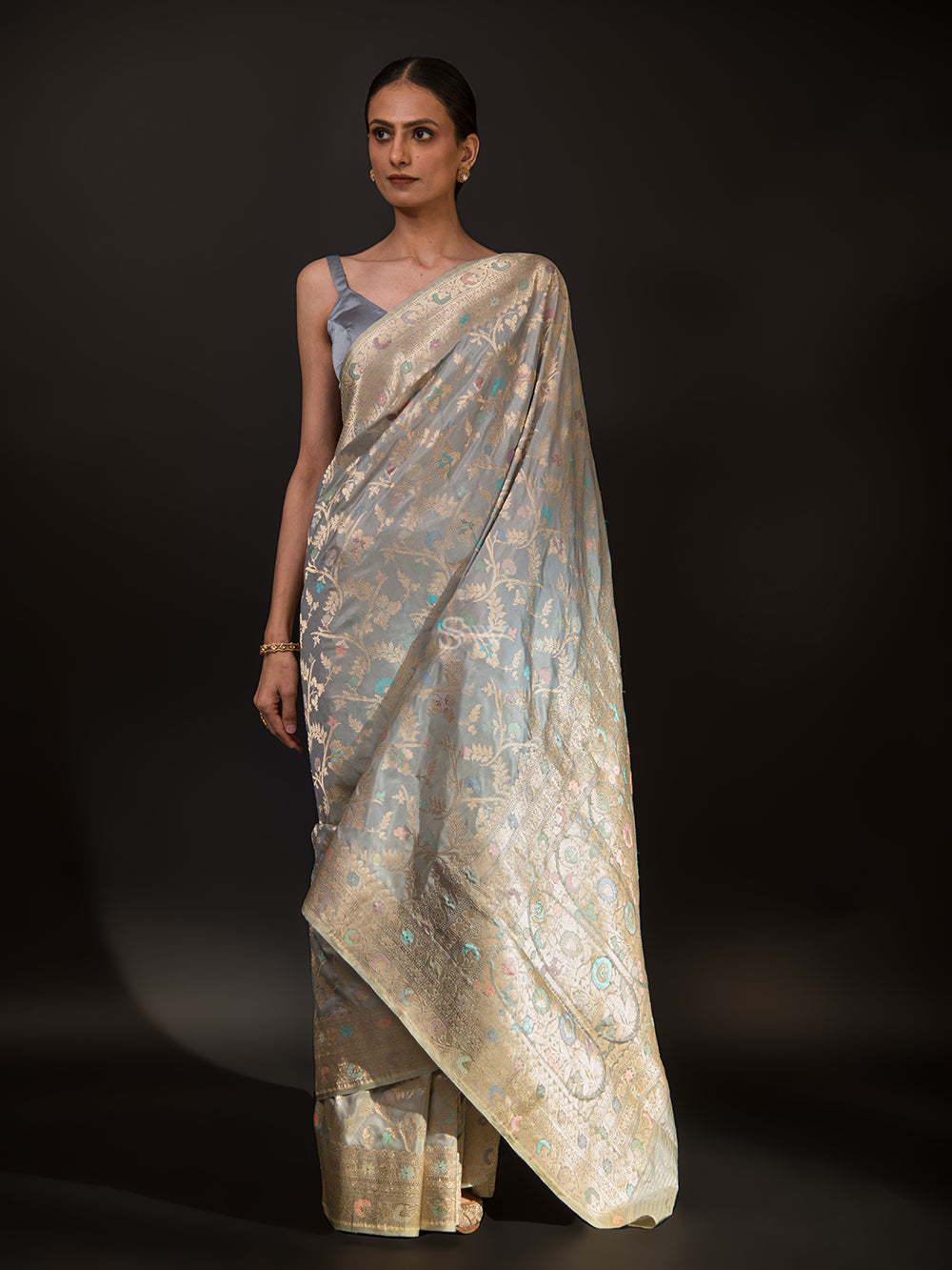 Light Grey Meenakari Katan Silk Handloom Banarasi Saree - Sacred Weaves