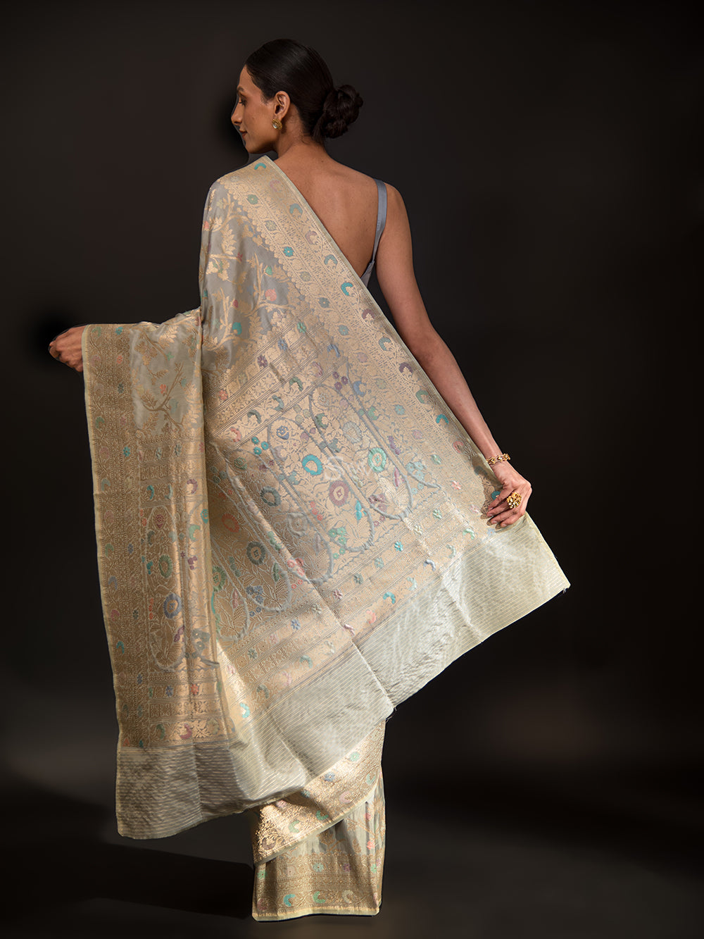 Light Grey Meenakari Katan Silk Handloom Banarasi Saree - Sacred Weaves