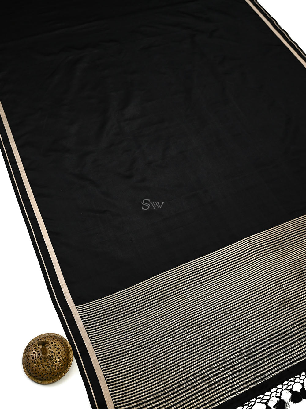 Black Plain Satin Silk Handloom Banarasi Saree - Sacred Weaves