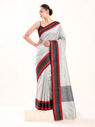 Off White Checked Katan Silk Handloom Banarasi Saree - Sacred Weaves