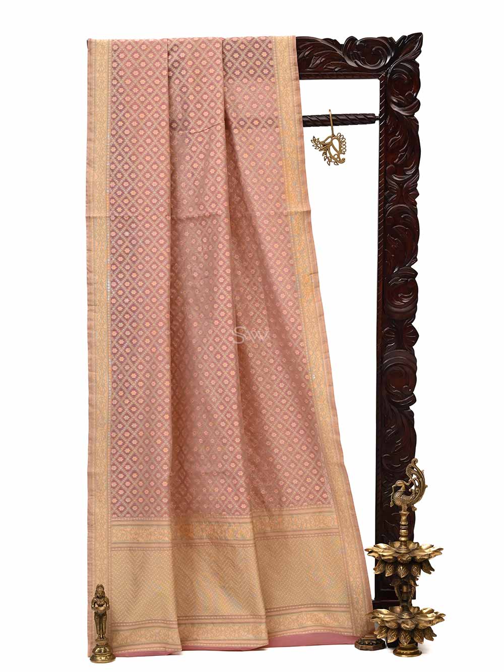Dusty Pink Stripe Cotton Silk Handloom Banarasi Saree - Sacred Weaves