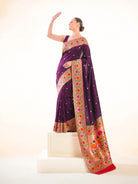 Wine Booti Paithani Katan Silk Handloom Banarasi Saree - Sacred Weaves